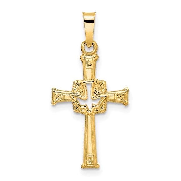 14k Yellow Gold Polished Cut Out Solid Dove Cross Necklace Charm Pendant - Picture 1 of 4